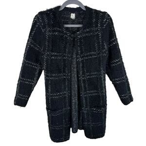 A. Moon Black White Checkered Long Sleeve Fuzzy Cardigan Pockets Size S